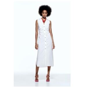 Zara White Midi Shirt Dress With Cut-Out, Size M